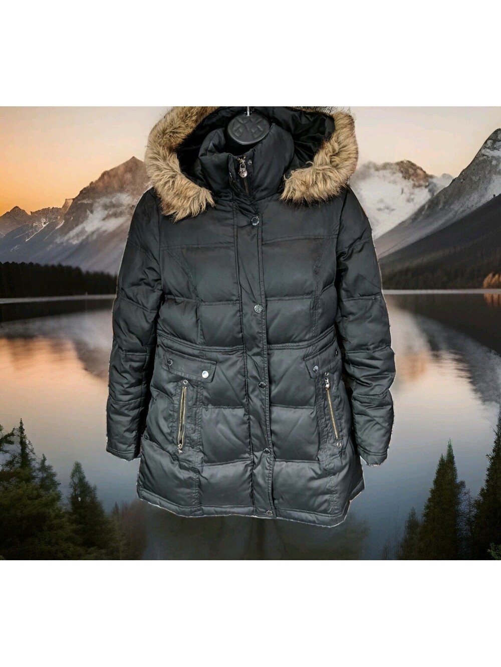 LAUNDRY SHELLI SEGAL LONG DOWN WINTER PUFFER JACKET FUR HOODED COAT WOMENS LARGE